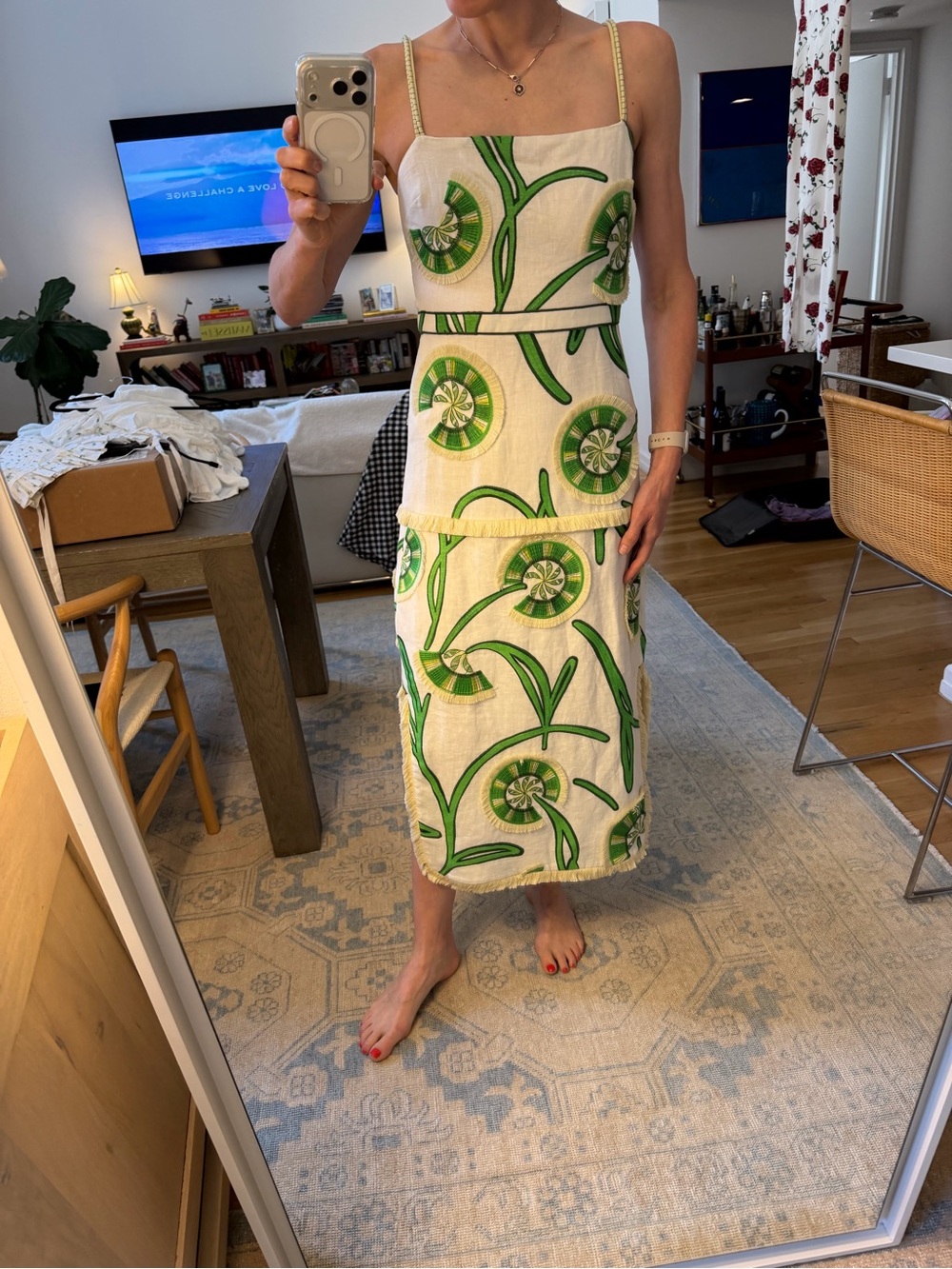 Alexis Cream & Green Floral Linen Slip Dress - Picture 7 of 11